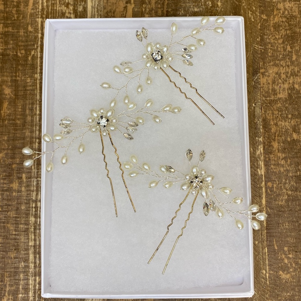 Miss To Mrs Hair Couture Bridal Set of 3 Pearl Jewel Hair Pins